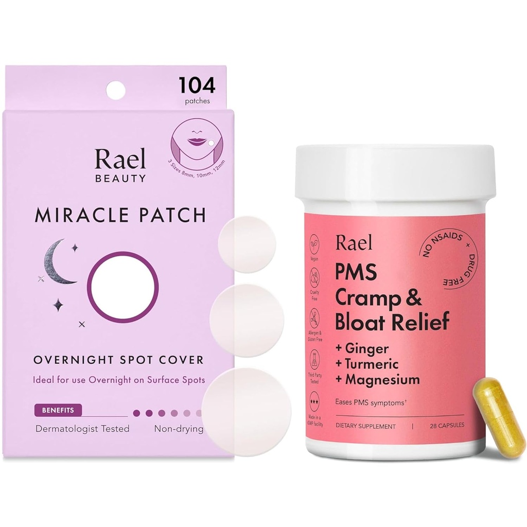 Rael Sche - Overnight Spot Cover Pimple Patches (104 Kont) & PMS Supplement for Women (28 Capsules)