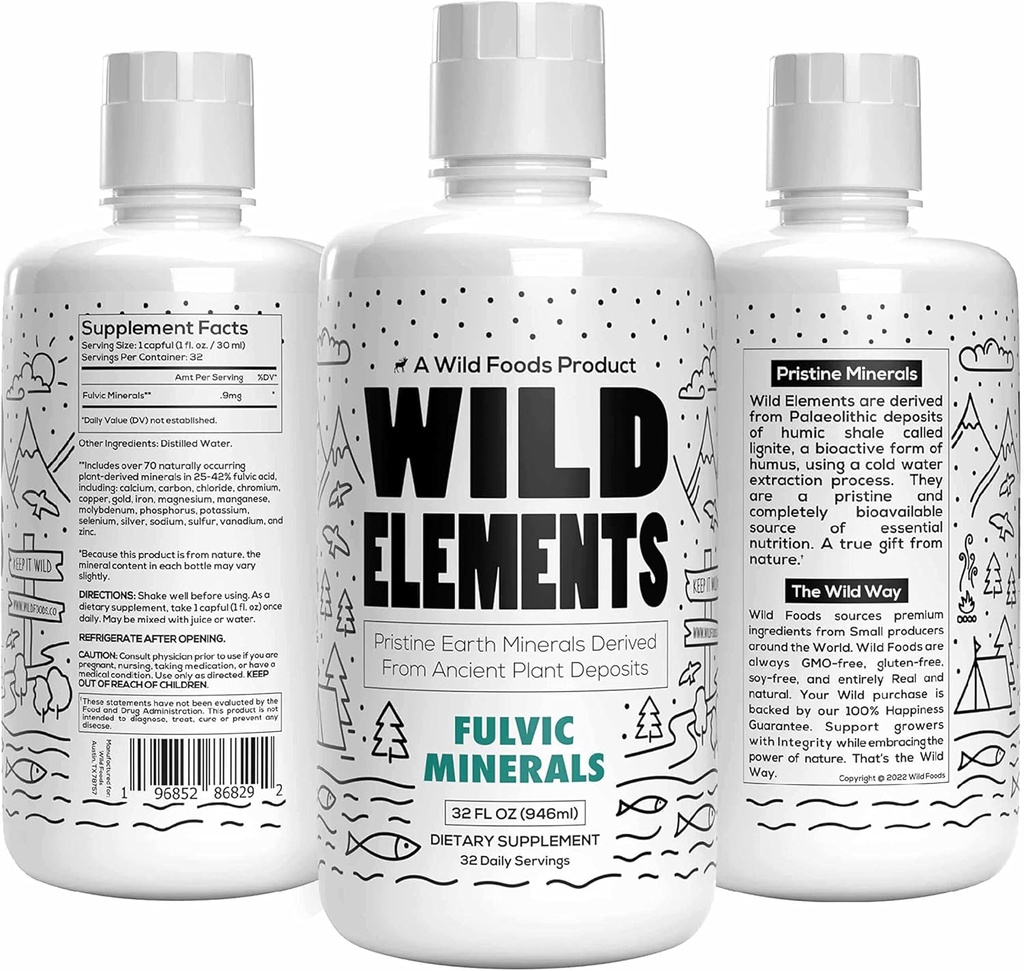 Wild Elements Gut Support Fulvic Acid Mineral Mix Antik Plant Deposits, Heal Gut Lining, Cognition ve Immunity, 70+ Minerals, All Natural, 32 oz