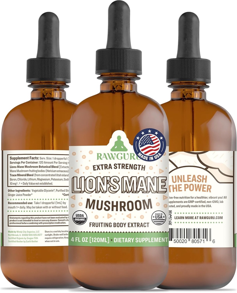 RawGuru Lion's Mushroom Tincture - Vegan Lion's Mane Extract with Trace Minerals - Nano-Processed Immunity Boost & Cognitive Supplement - 120 Servings Vegan Drops ανά 120 ml, Συσκευασία 1
