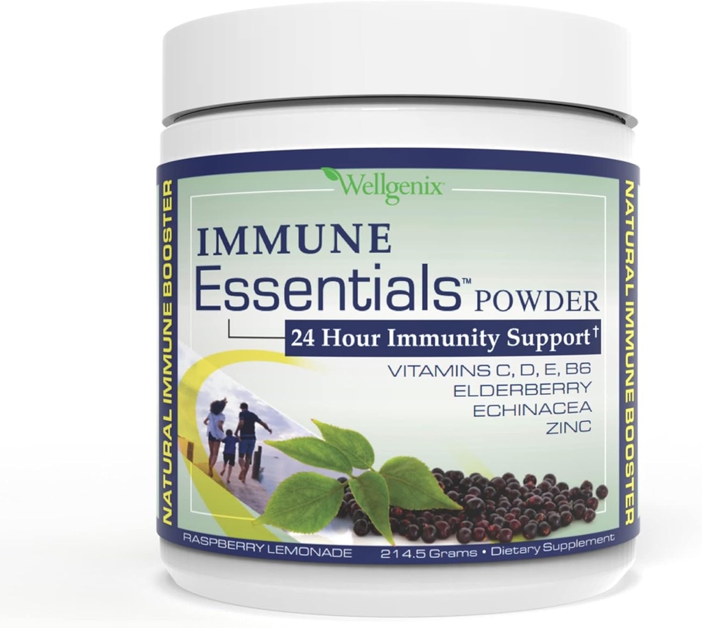 Wellgenix Immune Essentials - Erkekler, Kadınlar ve Çocuklar için Çokvitamin Toz - Vitamin C, D Elder Çinko, Echinacea for Toddler, Kid & Adult - 7.57g (Raspberry Lemonade)