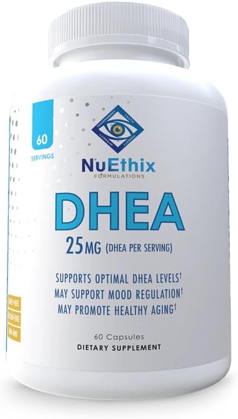 NuEthix Formulations DHEA 25 mg Supplement for Women & Men, Grapetre Ekstraksiyonu içeriyor, Geliştirilmiş DHEA Hormon Desteği, Geliştirilmiş Bio-Availability, Sugar Free, Gluten Free, Non GMO, 60 Servisler