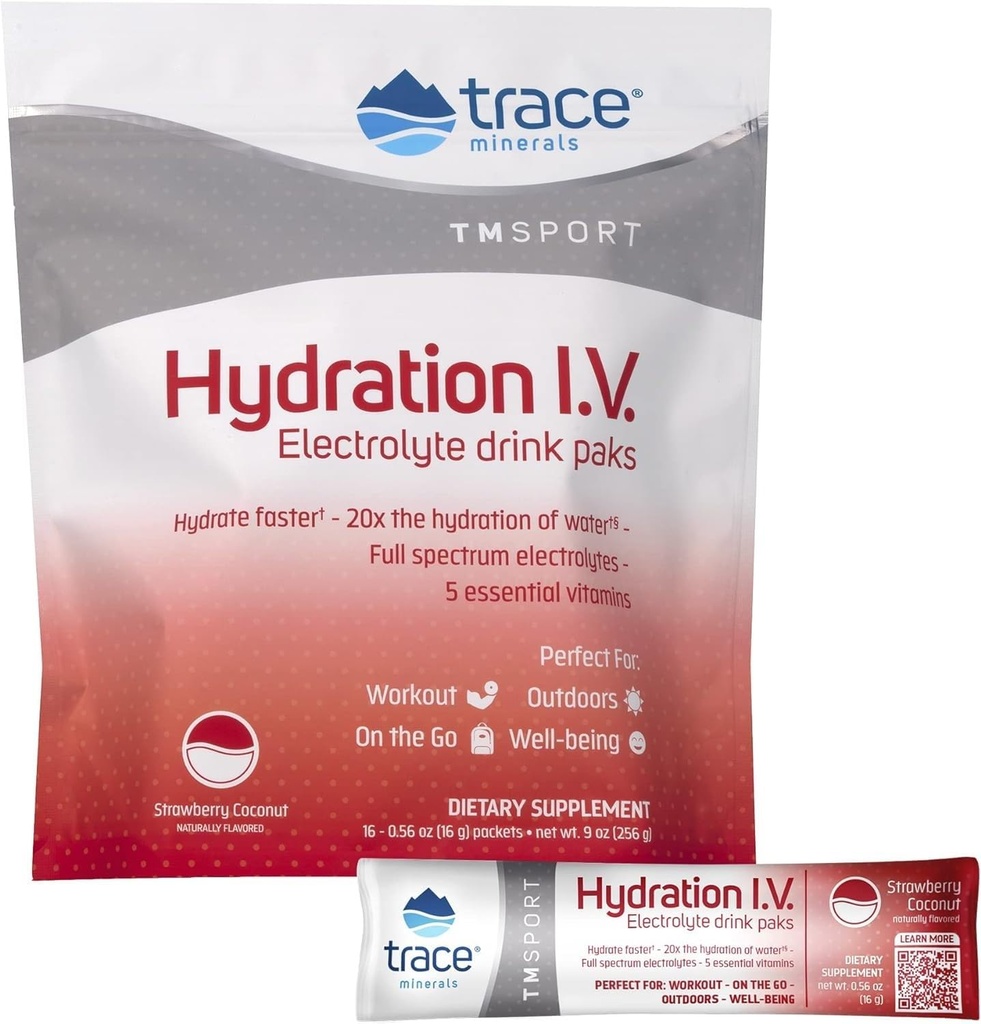 Trace Minerals | Hydration I.V. Electrolytes Toz Paketleri | Full Spectrum Recovery Mineral Mix for Rapid Rehidr, Natural Energy and Muscle Stamina | Strawberry Coconut | 16 Seyahat Paketleri