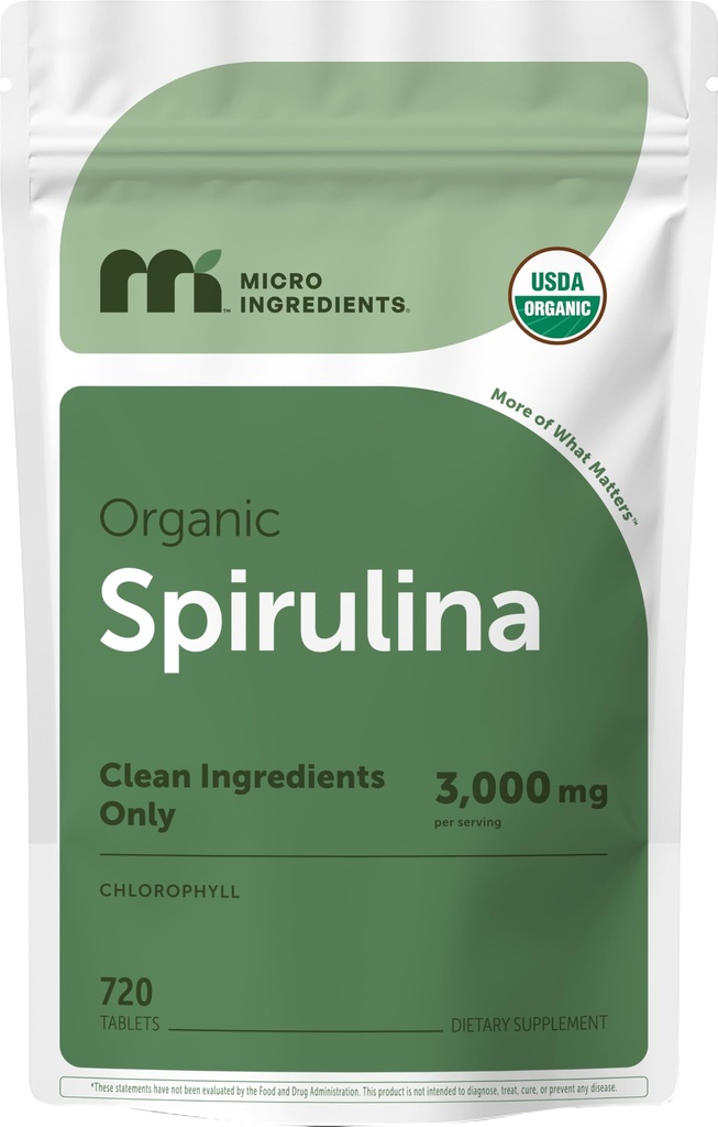 Micro Ingredients Organic Spirulina Supplement, 3000MG ανά υπηρεσία, 720 Tablets (4 Μήνας προσφοράς), Χωρίς πληρωτικό & μη ΓΤΟ, πλούσιο σε Vegan Protein, Βιταμίνες & Πρεβιοτικά, Premium Spirulina Pills
