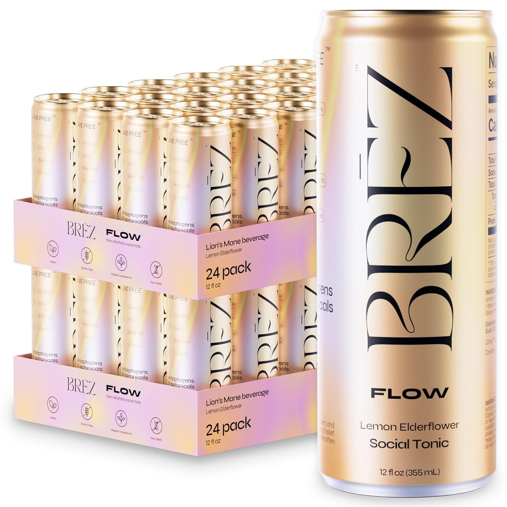 BREZ FLOW Lion’s Mane Mushroom Drink, 48-Pack, μη εγχυμένα, Adaptogens, Relieving, Uplifting, and Social, Sparkling Lemon Elderflower Tonic 12 Fl oz