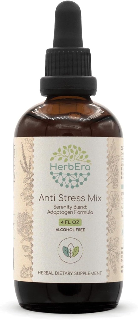 Anti Stress Mix B120 Alcohol-Free Extract Tincture, Eleuthero Root, Rhodiola Root, Schisandra Berry, Gotu Kola Herb, Holy Basil Herb. Serenity Blend: Adaptogen Formula 4 Fl Oz