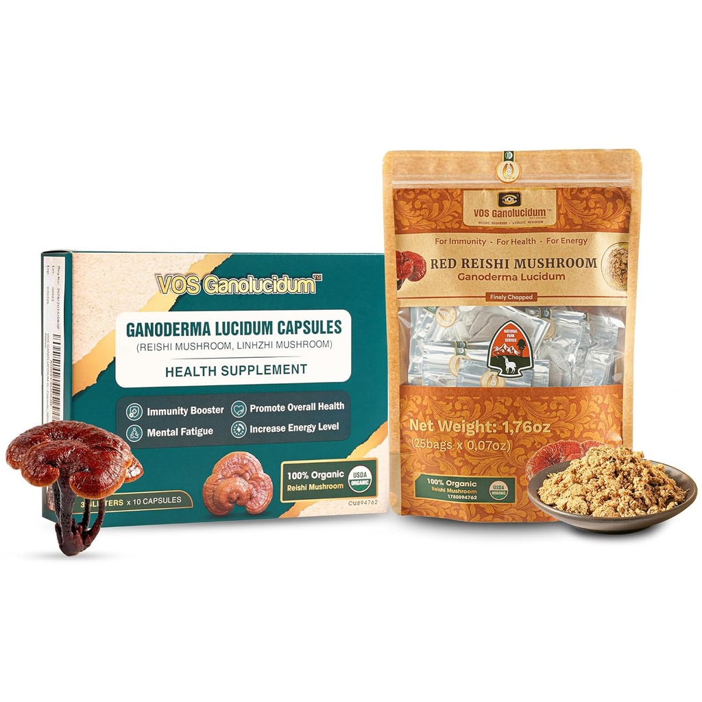 VOS GANOLUCIDUM Combo For Better Health, Daily Immune Boosting Red Reishi Mushroom Capsules (30 Capsules) & Organic Finely Chopped Reishi Mushroom (1.76 Oz), Energy Branson & Perfect In Cooking