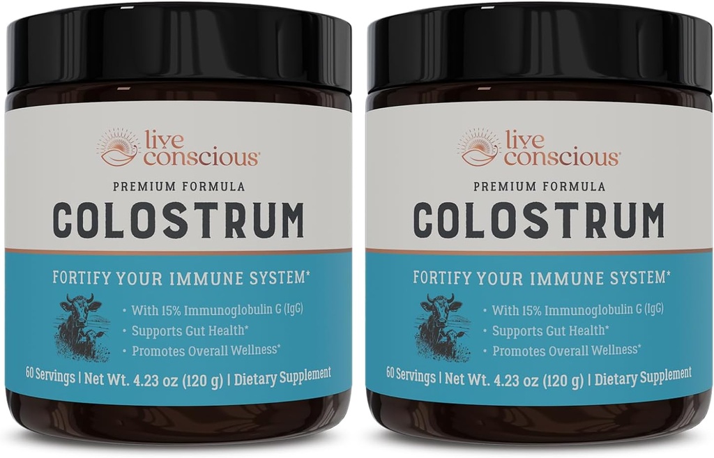 Live Consciious Colostrum Powder - Grass Fed Bovine Colostrum Supplement with Lactoferrin for Iron Abvorvation - Immune System Supplement (2-Pack)
