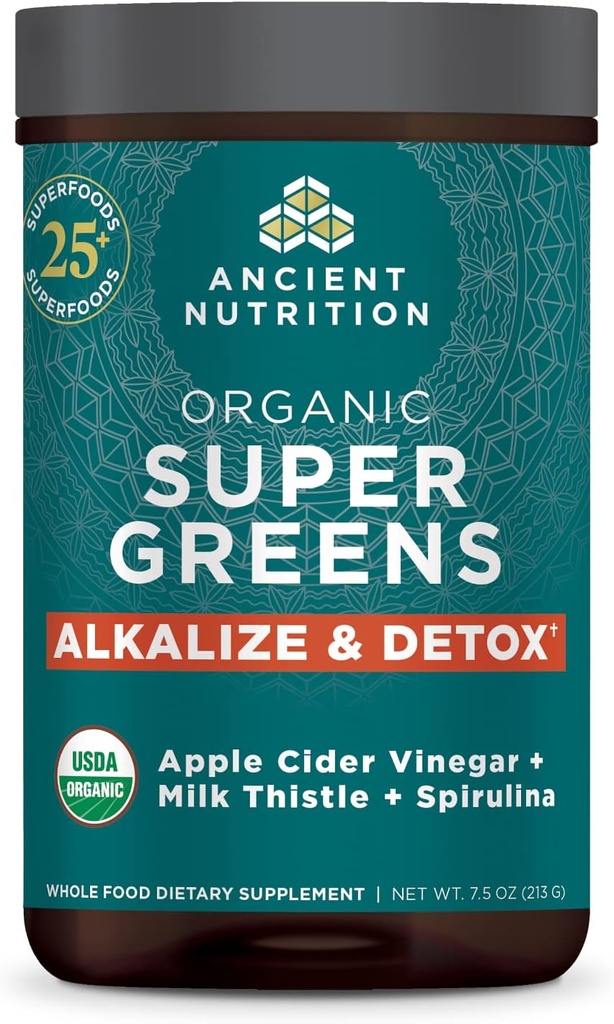 Ancient Nutrition Supergreens Alkaliize & Detox σκόνη, οργανικά Superfood σκόνη Κατασκευασμένη από πραγματικά φρούτα, λαχανικά και βότανα, για την υποστήριξη Digestive και ενέργειας, 25 σερβιέτες, 7.5oz