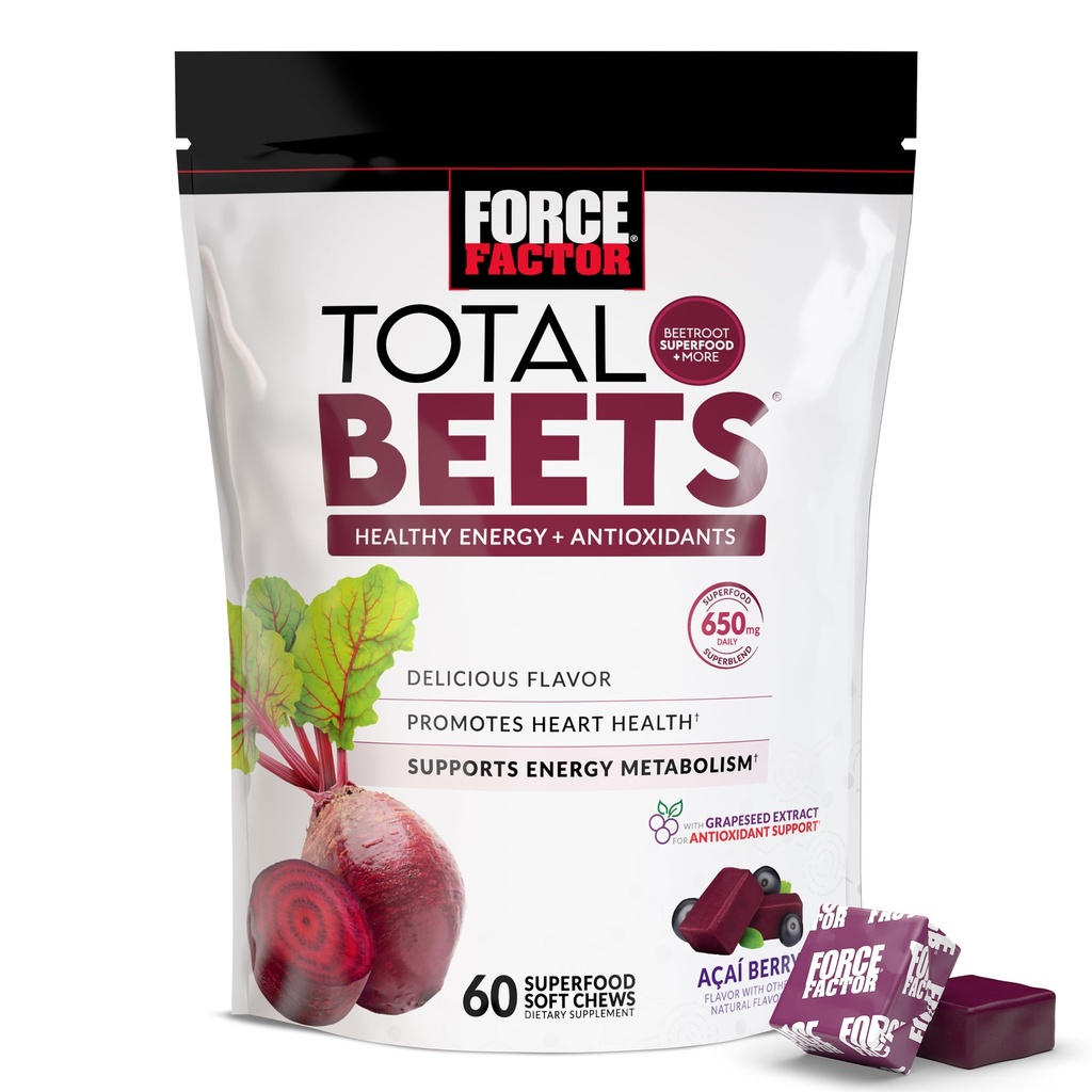 Force Factor Total Beets Soft Chews with Beetroot, Nitrates, L-Citrulline, Grapeseed Extract, and Antioksis, Health Supplement with Elite Materialss, Heart Health Superfood, 60 Chews
