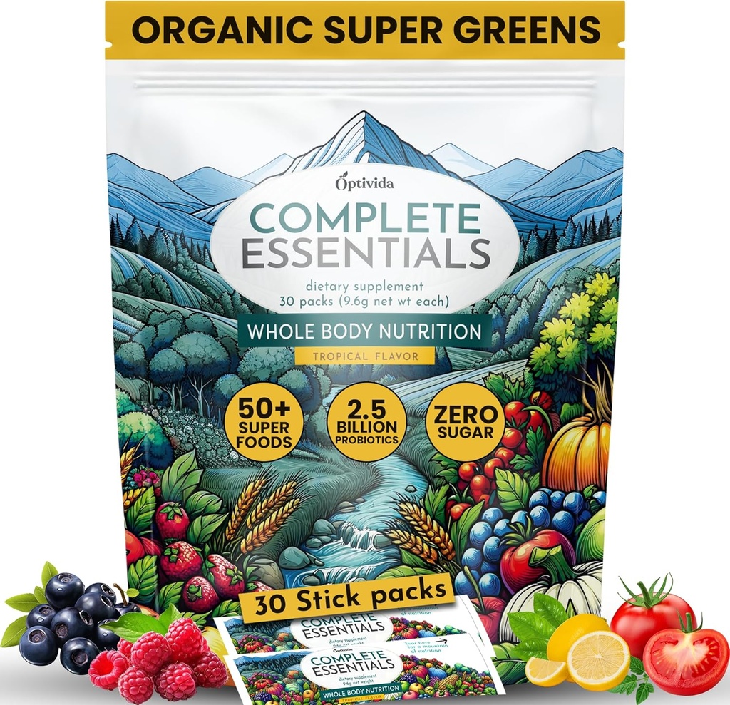 OPTIVIDA Fruits & Veggie Mix Super Greens Powder Packets (30 Ημέρες) - 50+ Superfood Green Juice Powder & Greens Συμπληρώματα W/Probiotic, Antioxident, Digestive Enzymes & Adaptagen Blends for Gut Health
