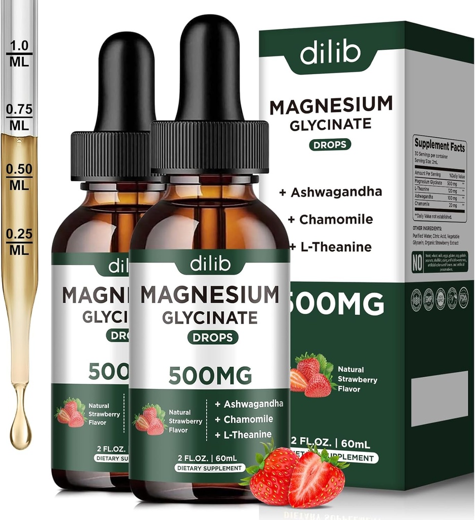 Magnezyum Glycinate Liquid Drops Supplement, Magnezyum Glycinate 500 mg Ashwagandha, L - Theanine, Chamomile -Depre Stres Yardımı, Bone, Muscle, Mood Strawberry Flavor 2Pack