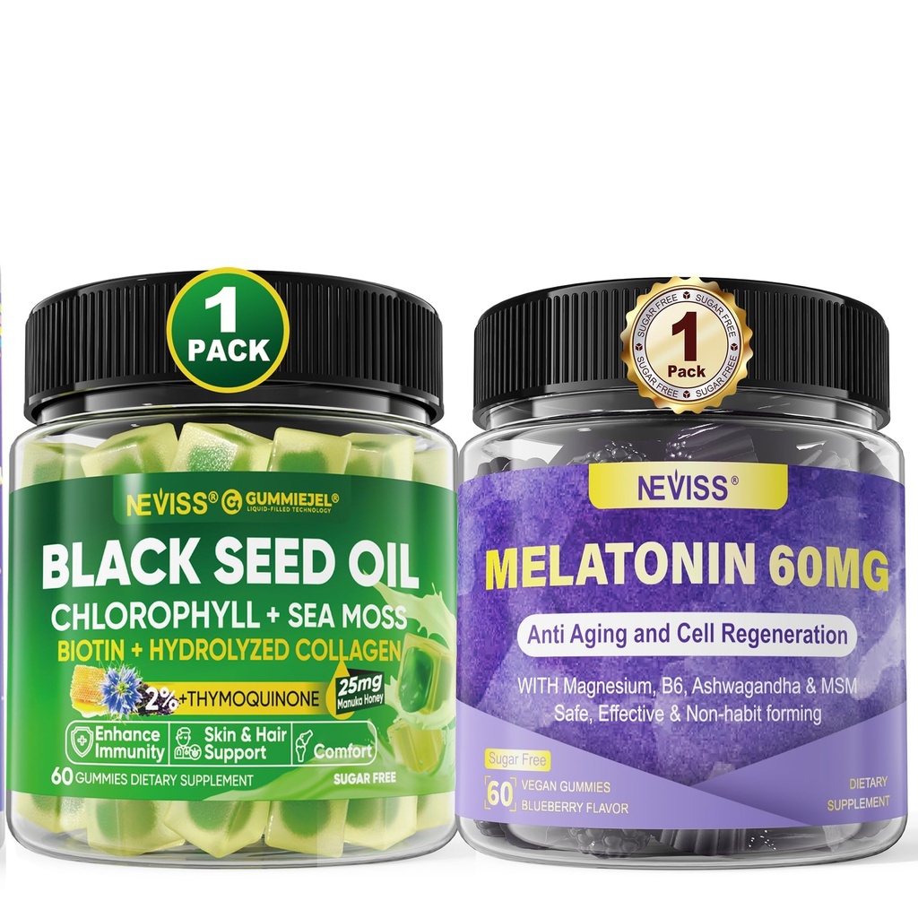 NEVISS Melatonin 60 mg Gummies + Black Seed Oil Gummies