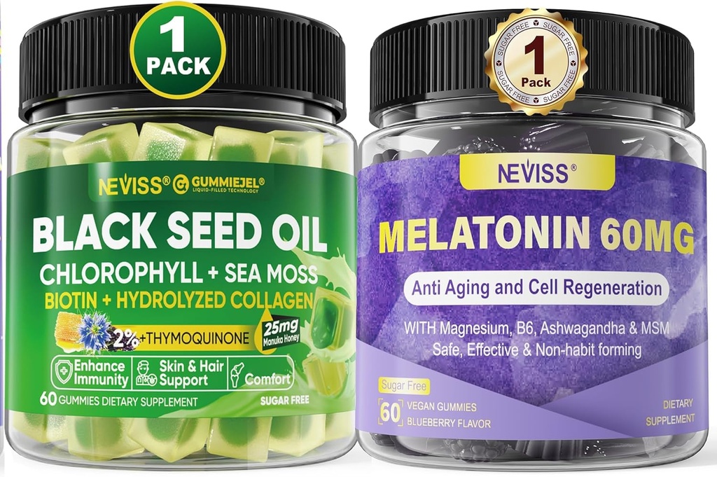 NEVISS Melatonin 60 mg Gummies + Black Seed Oil Gummies