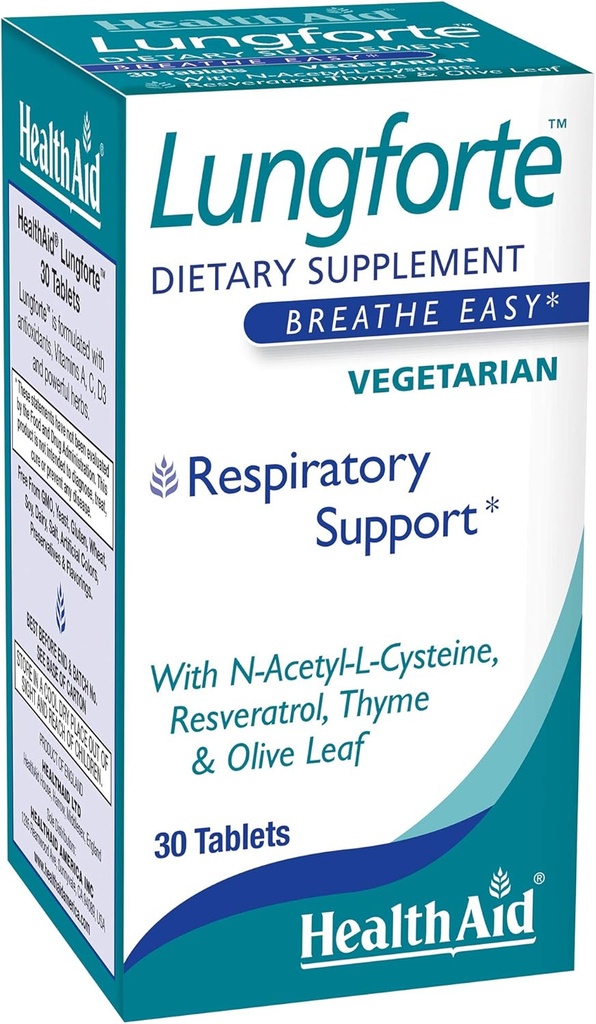 HealthAid LungForte 30 δισκία – Καθημερινή αντιοξειδωτική υποστήριξη πνευμόνων με NAC, ρεσβερατρόλη, φύλλα ελιάς, θυμάρι και βιταμίνες A, C & D3 – χορτοφάγοι, μη ΓΤΟ