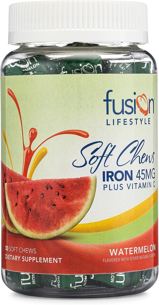 Kadınlar ve Erkekler için Demir Supplement, Watermelon Flavored Iron Soft Chew Plus Vitamin C Iron Deficiency ve Anemi, 1 Ay Supply, 30 Kont