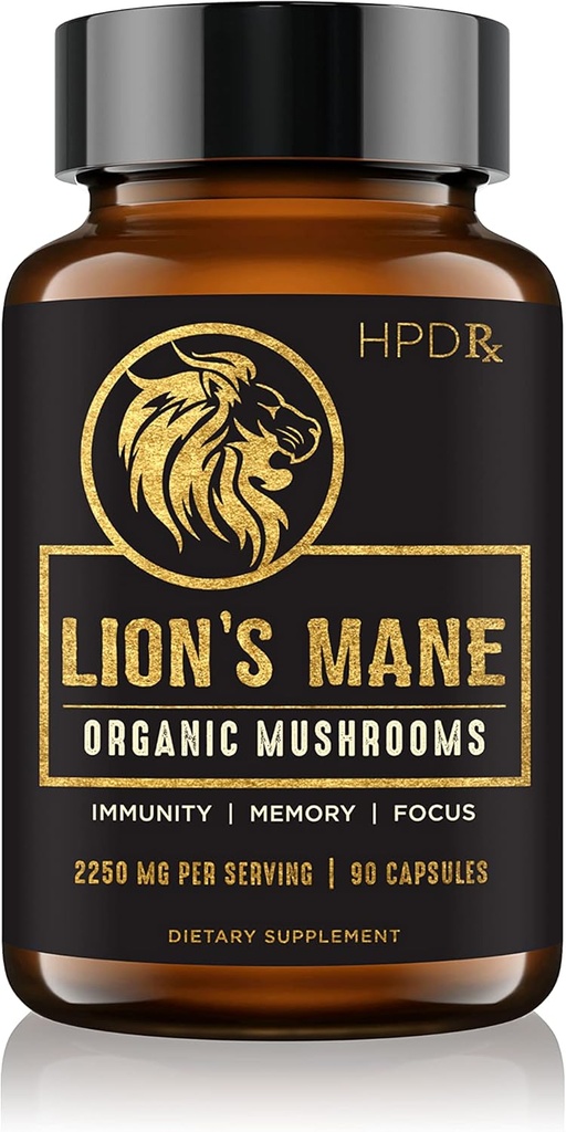HPD Rx Lion's Mane Mushroom Extract Capsules Natural Nootropic, Supports Memory & Focus, Immunity ATM - Potent Mushroom Supplement | 2250 mg, 90 Capsules, Pack of 1