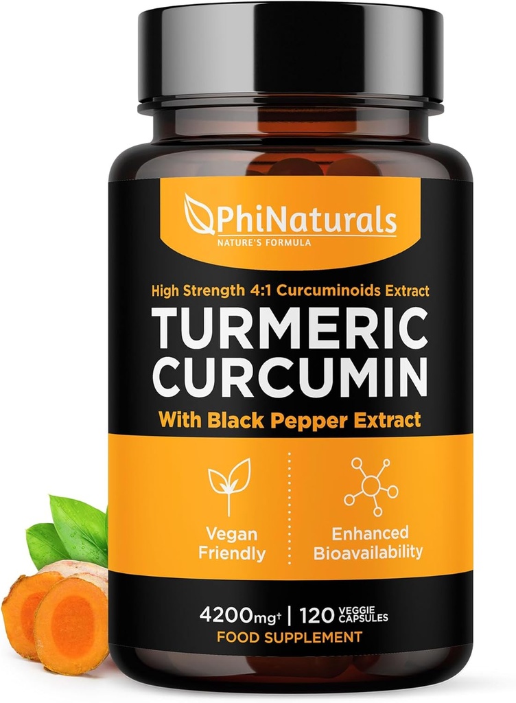 Phi Naturals Turmeric Curcumin Supplement with Black Pepper Extract - 4200 mg Whole Curcuma Root Equivalent Per 3 Capsules Service - Tumeric Pills