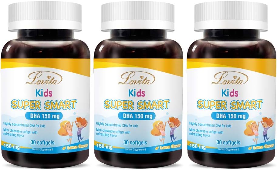Lovita Kids Super Smart DHA, 150mg DHA ve 30mg EPA Omega 3 Fatty Acids, Supports Brain Health, Natural Lemon Flavor, 30 Chewable Softgels (Paket of 3)