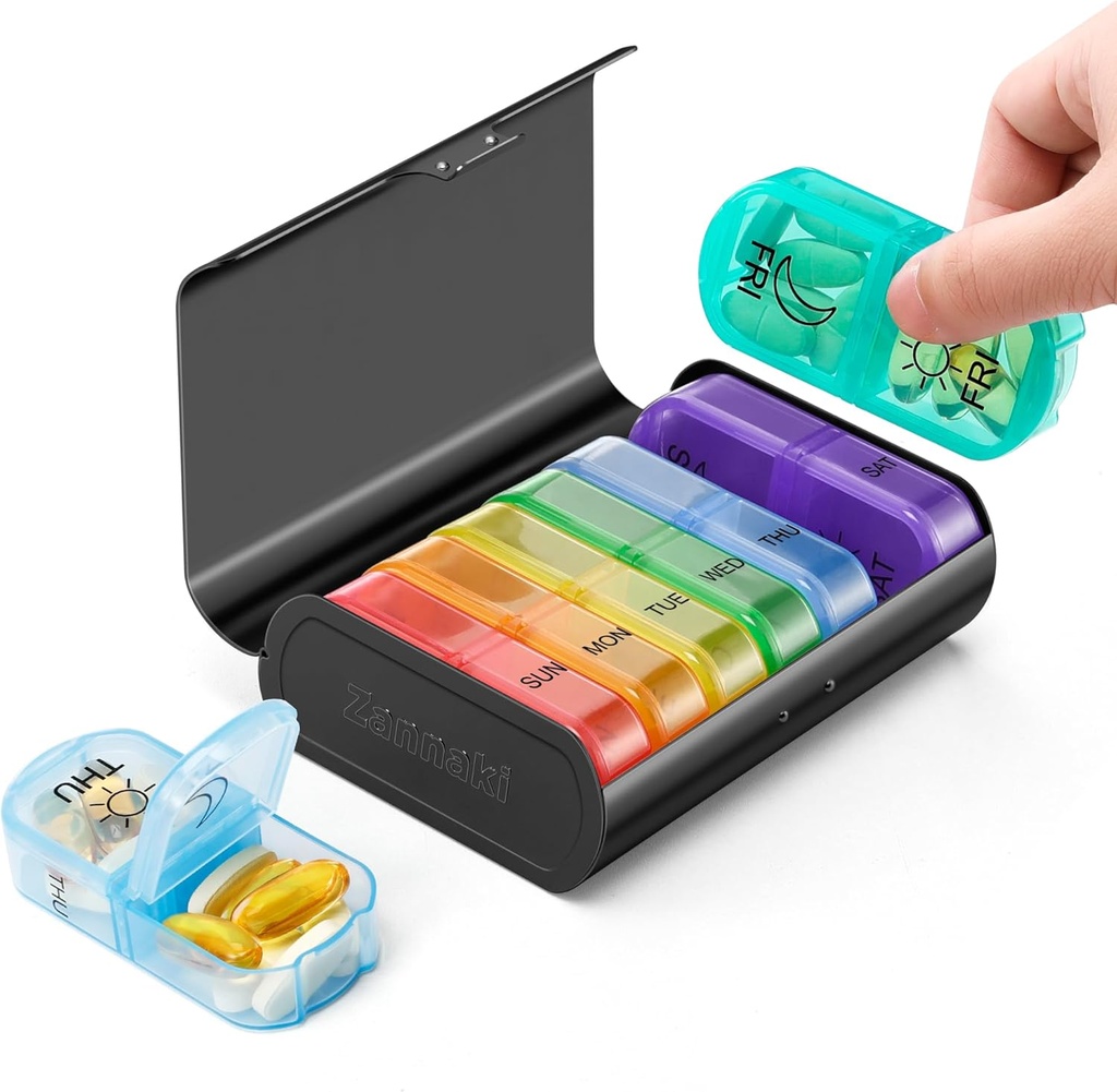 Zannaki Metal XL Haftalık Pill Organizer 2 Zaman Bir Gün Büyük Seyahat Günlük Pill Box 7 Gün, Portatif Hafta İki Pill Sahibi Konteyner, AM PM Pill Case for Medicine Vitamin Drug Supplement, Black