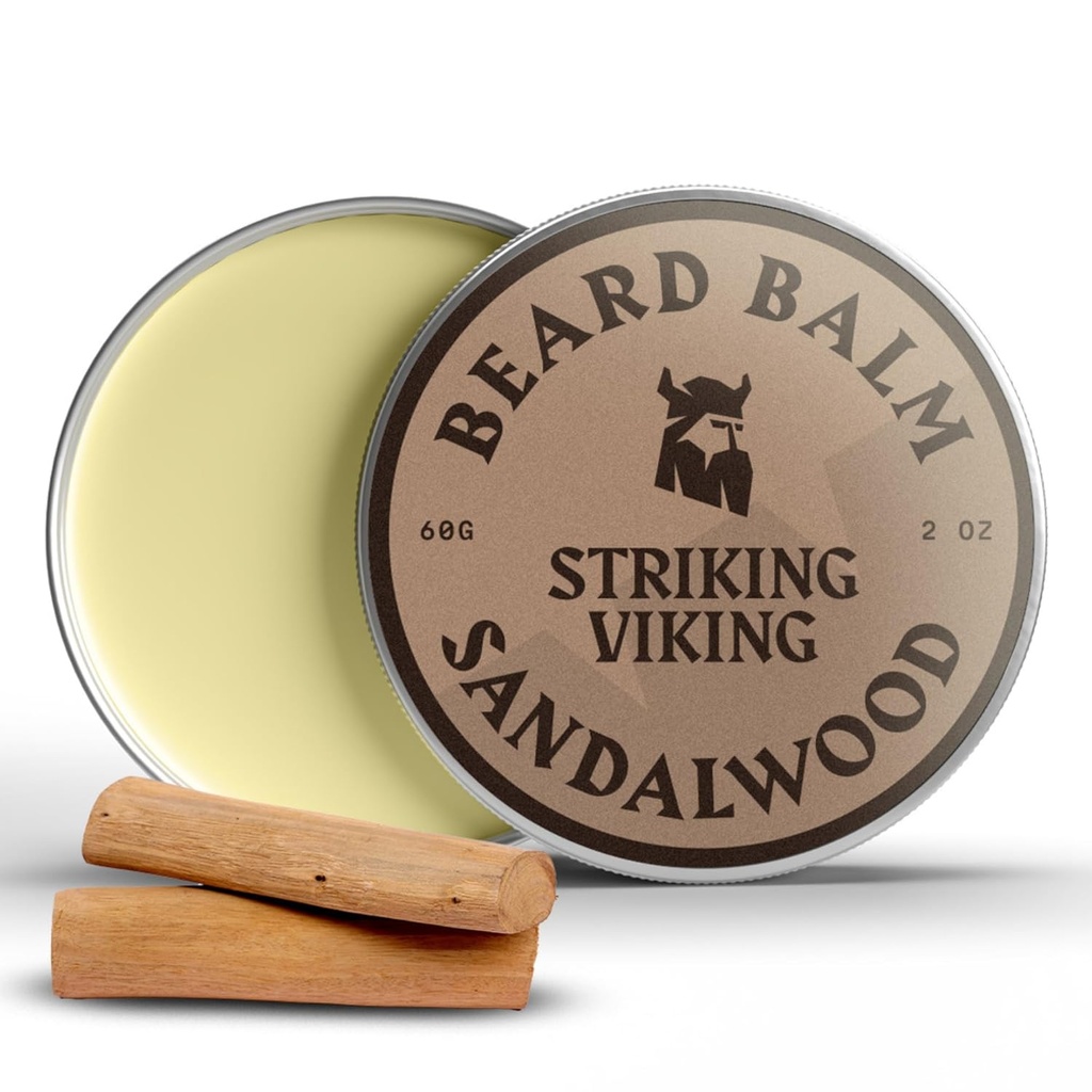 Striking Viking Beard Balm for Men - Leave in Beard Conditioner - Μπάλα Styling Made with Φυσικά παράγωγα Βούτυρο, Argan & Jojoba Ounce Ounce (2 Ounce (Pack of 1), Sandalwood)