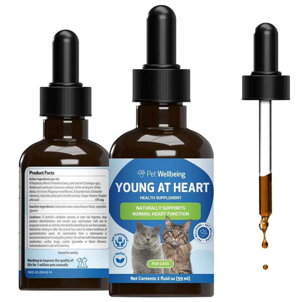 Pet Wellence Young in Heart for Cats - Vet-Formated - Heart Health, Circulatory & Cardiovascular System, Hawthorn, Motherwort, Schisandra - Herbal Supplement 2 oz (59 ml)