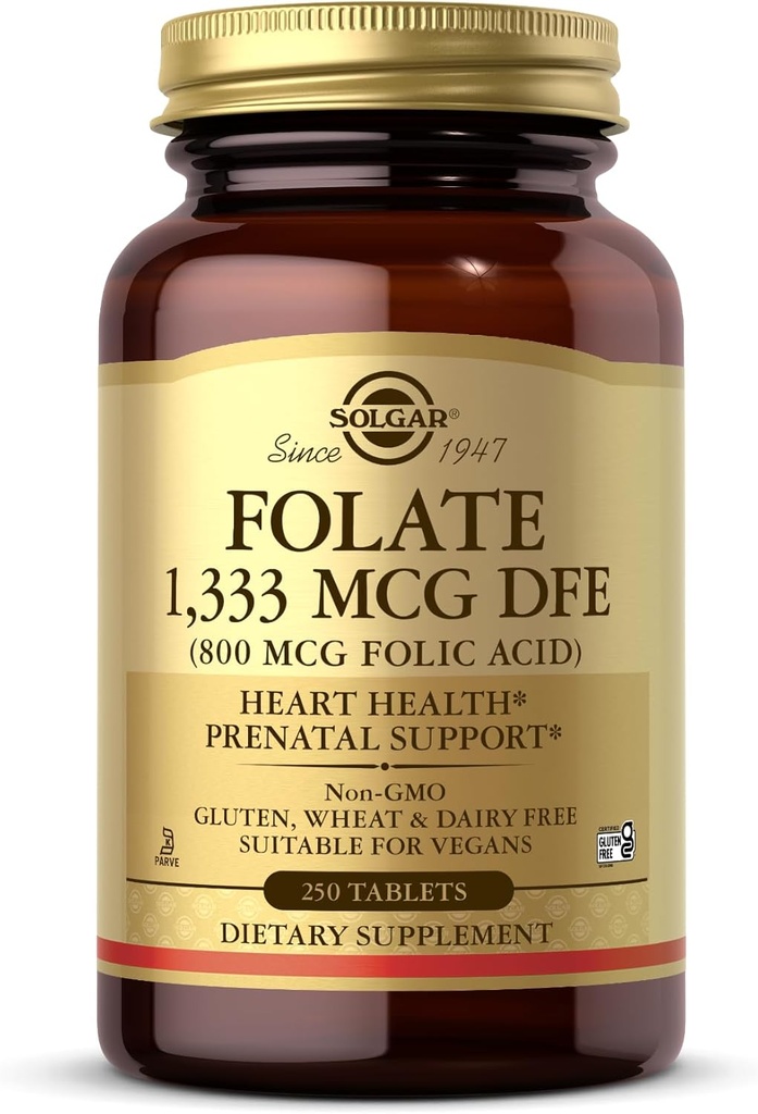Solgar Folate 1,333 mcg DFE (Folic Acid 800 mcg) - 250 Tablet - Prenatal Destek - Non-GMO, Vegan, Gluten Free, Dairy Free, Kosher - 250 Hizmet