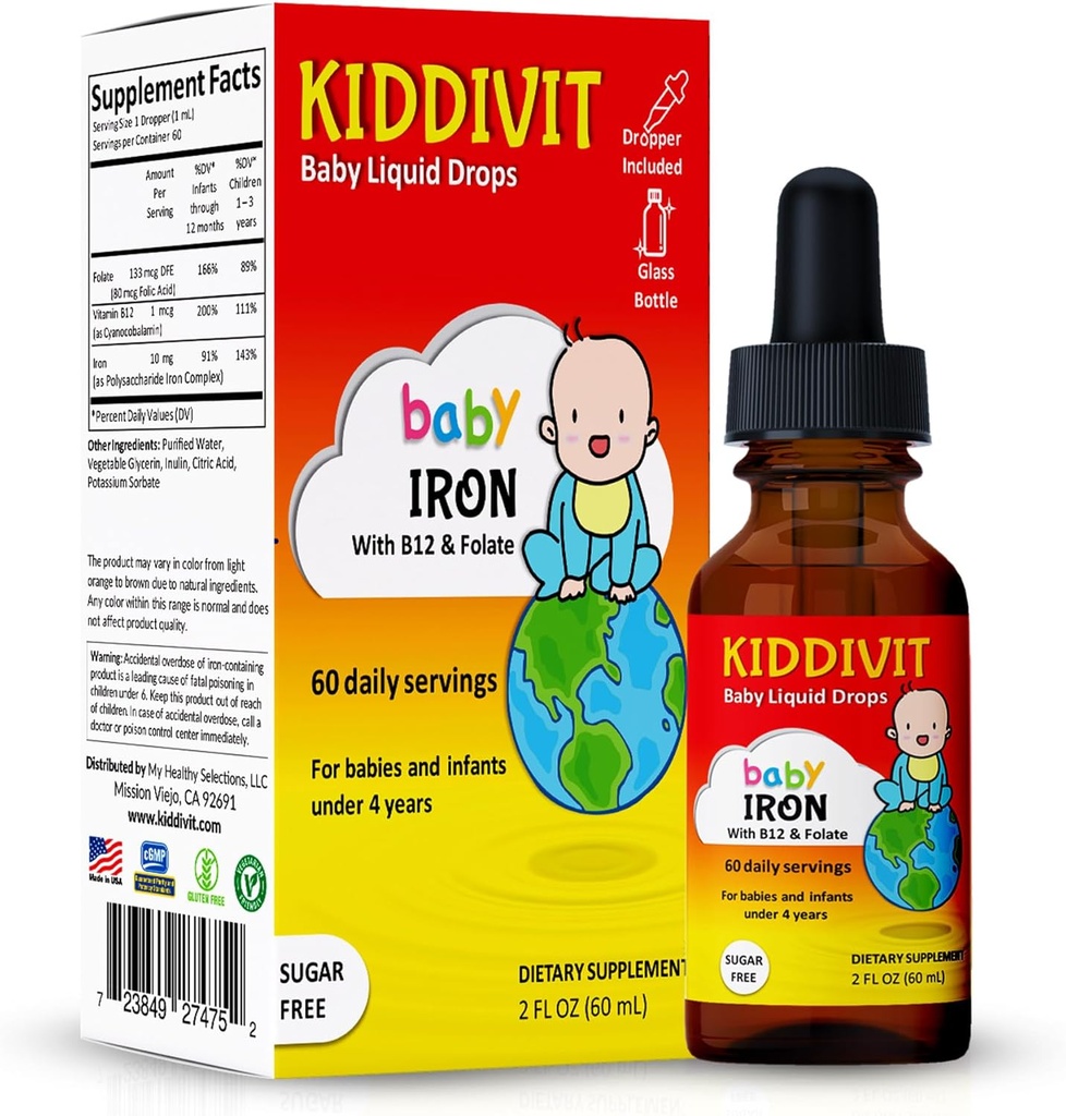 Kiddivit Bebek Demir Sıvı B12 & Folate ile Ölüyor – Gentle Iron Support Supplement – 60 Günlük Hizmetler, Inulin Forrec Prebiyotik Fiber – Sugar Free, Gluten Free, Vegetarian, 2ozten Free, Vegetarian, 2oz