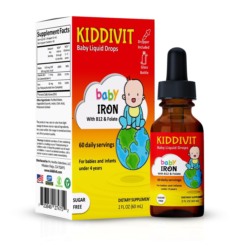 Kiddivit Bebek Demir Sıvı B12 & Folate ile Ölüyor – Gentle Iron Support Supplement – 60 Günlük Hizmetler, Inulin Forrec Prebiyotik Fiber – Sugar Free, Gluten Free, Vegetarian, 2ozten Free, Vegetarian, 2oz