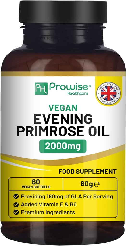 Vegan Evening Primrose Oil 2000mg with Vitamin E & B6 – 60 Vegan Softgels| Pure Cold Pressed I 180mg GLA per Capsule I Women's Health I Premium Quality I by Prowise Healthcare