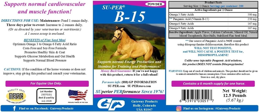 B-15 Vitamini Atlar için Tamamlandı - Performans Desteği için B-15 Toz - 12.5 Pounds, 6 Ay Supply