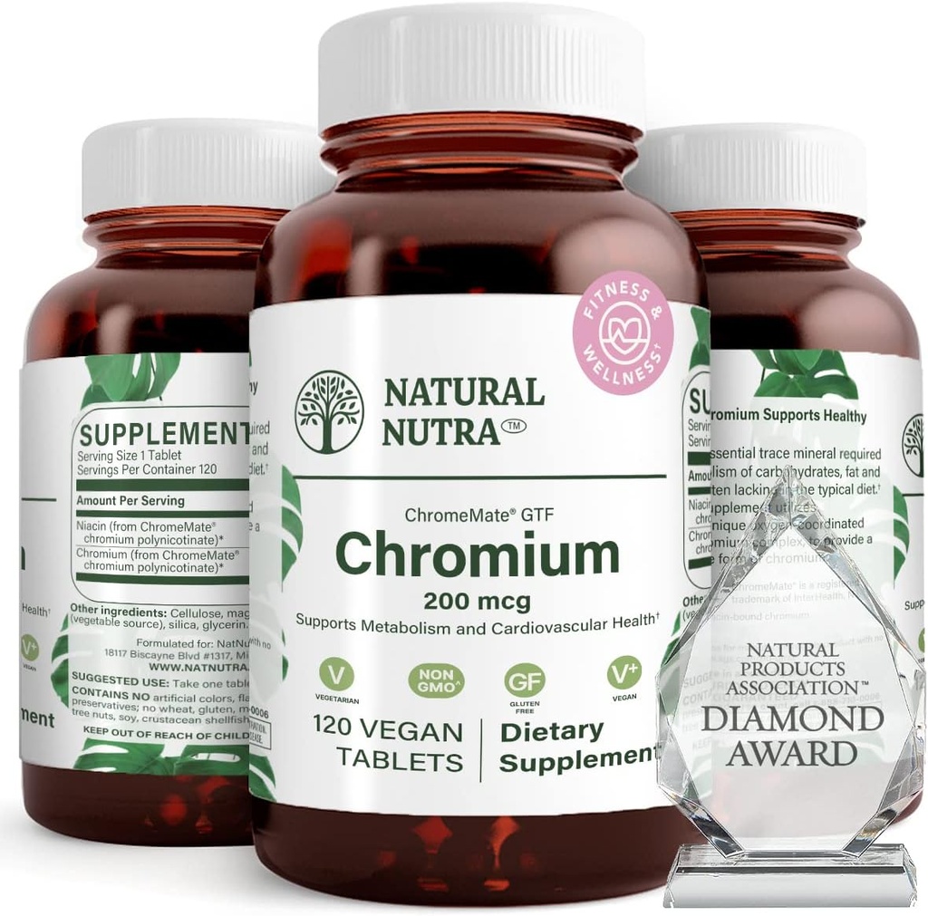 Natural Nutra GTF Πολυνικοτινικό χρώμιο με ChromeMate, υποστηρίζει το μεταβολισμό του σώματος, υποστηρίζει την υγεία της καρδιάς, διατηρεί το επίπεδο λίπους του σώματος, βελτιώνει την πέψη, καρδιοαγγειακή υγεία, 200 mcg, 120 Vegan δισκία