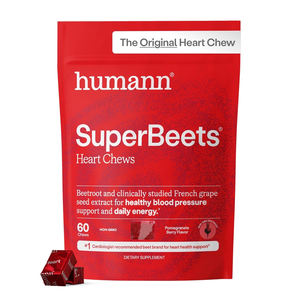 Humann SuperBeets Heart Chews, Nitrik Çimento ve Kan Basınç Desteği, Grape Tohum Ekstra Toz Enerji Tamam, Pomegranate Berry Flavor, 60 Kont