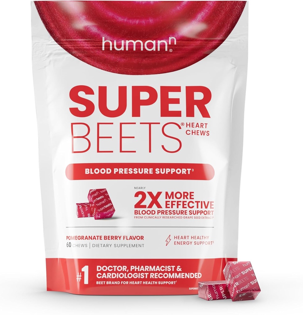Humann SuperBeets Heart Chews, Nitrik Çimento ve Kan Basınç Desteği, Grape Tohum Ekstra Toz Enerji Tamam, Pomegranate Berry Flavor, 60 Kont