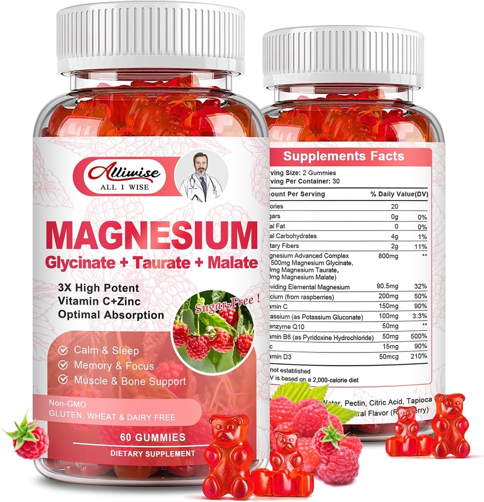 Magnezyum Supplement Kompleksi Gummies, Sugar-Free Magnezyum Glycinate 500 mg for Yetişkinler and Kids, Taurate 200 mg, Malate,dis, COQ10, Sleep, Heart & Bone Health