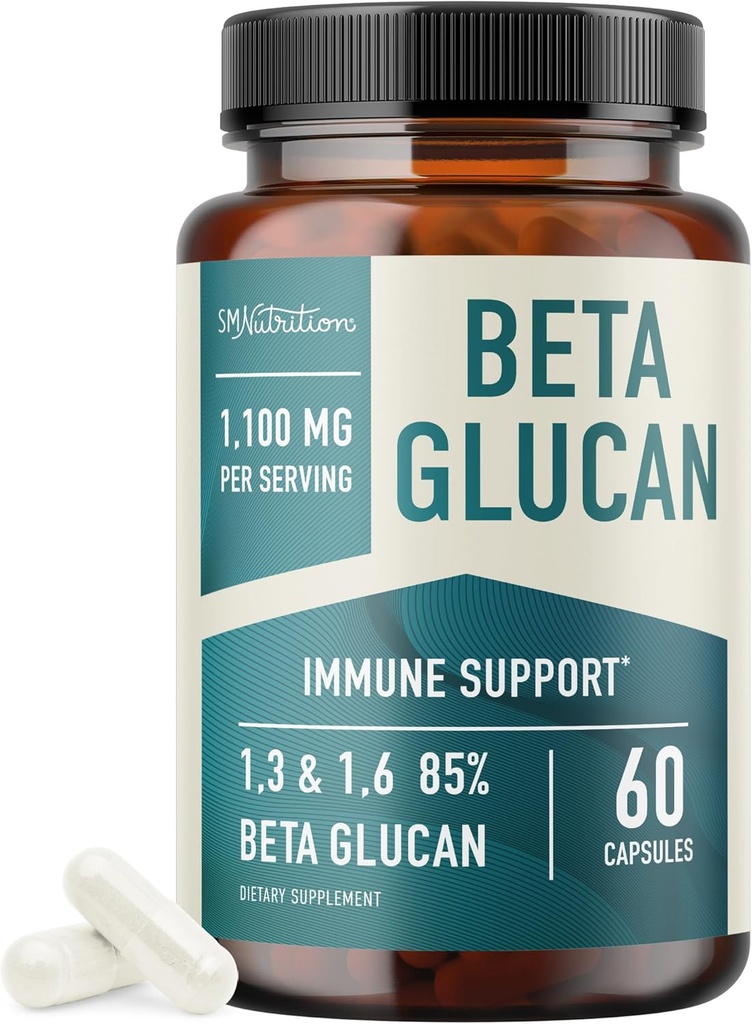 Beta Glucan Supplement 1100mg for Immunity, Skin & Gut Support | 1,3D & 1,6 Beta Glucans Extra Strength Formula | 85% Concentrated & Over 500mg Per Capsule | Non-GMO, Vegan, Gluten-Free 60ct