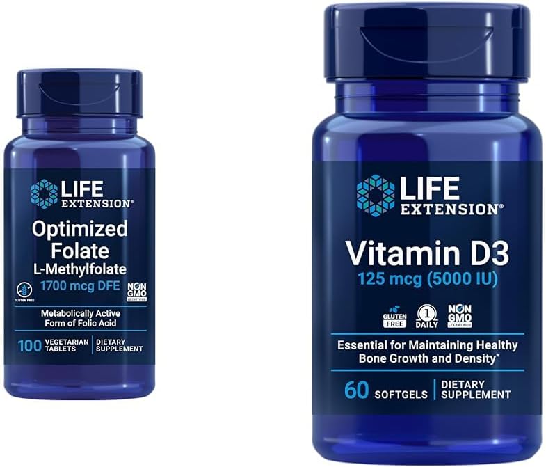 Life Extension Optimized Folate Heart & Brain Support Tabletleri ve D3 Bone, Brain & Immune Health Softgels - 100 Tablet, 60 Softgels