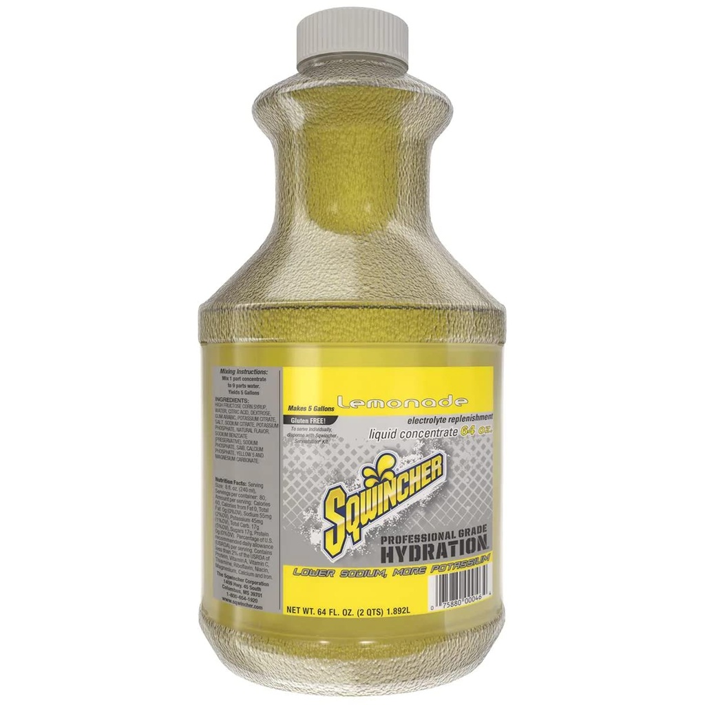 Sqwincher Liquid Temp | Lemonade Flavored | Low Calorie | Low sodyum | Electrolyte Replenishment Hydration Drink Mix | Makes 5 Gallons of Beverage | 64 oz (Pack of 6)