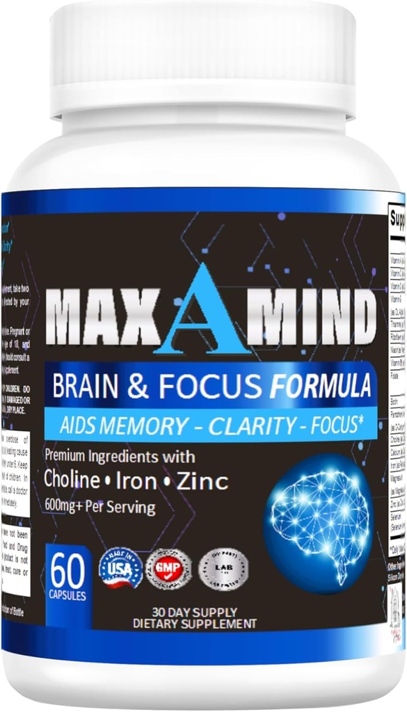 MaxAMind Brain Focus Formula - Premium Nootropic Brain Supplement, για άνδρες και γυναίκες - Καφεΐνη-ελεύθερος Focus Formula Κάψουλες για συγκέντρωση, υποστήριξη μνήμης, βελτίωση της νοητικής σαφήνειας και εγρήγορσης