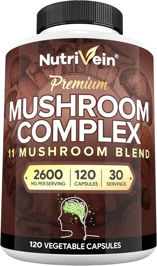 Nutrivein Premium Mushroom Supplement 2600 mg- Şişe 120 Capsules- 11 Nootropic Mushroom Kompleksi - Lion's Mane, Cordyceps, Chaga, Reishi, Türkiye Tail,Maitake,Shiitake, Agaricus, Beyaz Düğme, Oyster