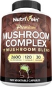 Nutrivein Premium Mushroom Supplement 2600 mg- Şişe 120 Capsules- 11 Nootropic Mushroom Kompleksi - Lion's Mane, Cordyceps, Chaga, Reishi, Türkiye Tail,Maitake,Shiitake, Agaricus, Beyaz Düğme, Oyster