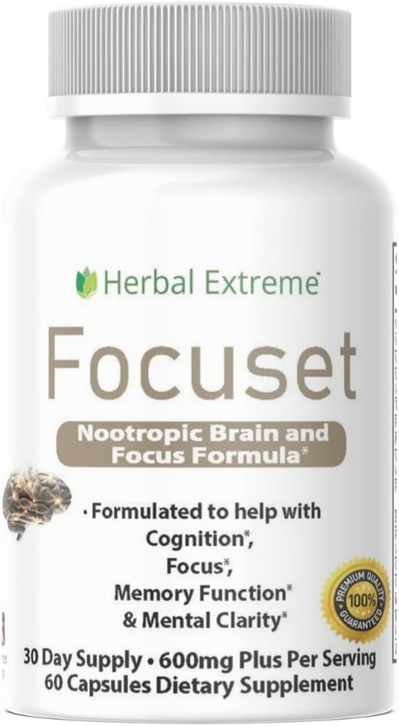 Focuset Nootropics Brain and Focus Formula. 90 Κάψουλες Διμεθυλαμινοαιθανόλη (DMAE Bitartrate), L-Γλουταμίνη, L-Τυροσίνη, GABA, Bacopa και More, Λευκό