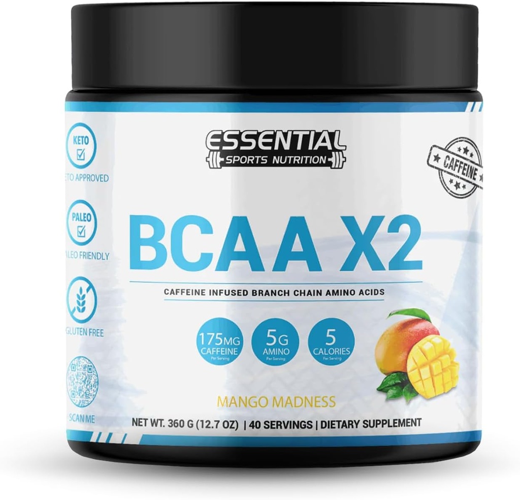 BCAAs with 175mg Caffeine | 40 Serving | Keto-Approved, Non-GMO, Gluten Free Supplement | Peach-Mango Flavor