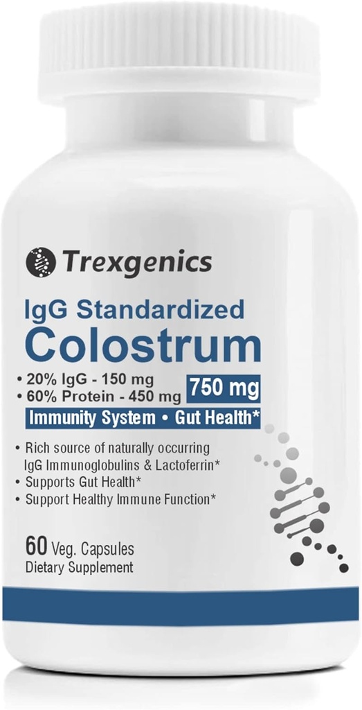 Trexgenics Colostrum 750 mg,% 20 IgG,% 60 protein, Immunity, Gut Health Support Vegetarian & Non-GMO (60 Veg Capsules) (Pack of 1)