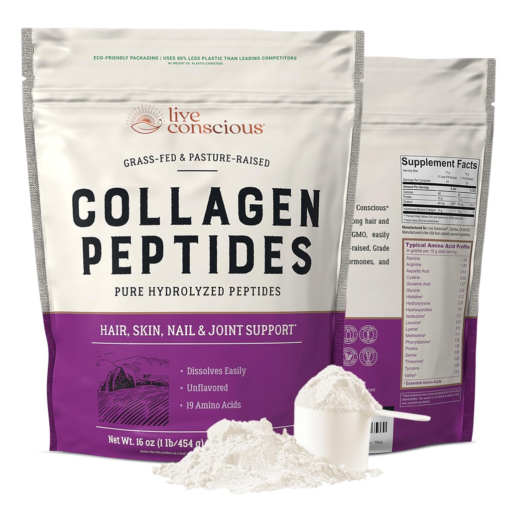 Canlı Bilinçli Kolajn Powder Toz - Doğal olarak Kaynaklanmış Hidrolyzed Collagen Toz - Saç, Cilt, Çiçeği ve Ortak Destek - Tip I & III Grass-Fed Collagen Supplements for Women and Men - 16oz