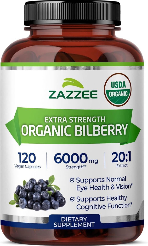 Zazzee USDA Organik Bilberry 20:1 Ekstraksiyon, 6000 mg Güçlü, 120 Vegan Capsules, 4 Ay Supply, Standartlaştırılmış ve Yoğun 20X Ekstraksiyon, %100 Vejetaryen, All-Doğal, Non-GMO, Made in the USA