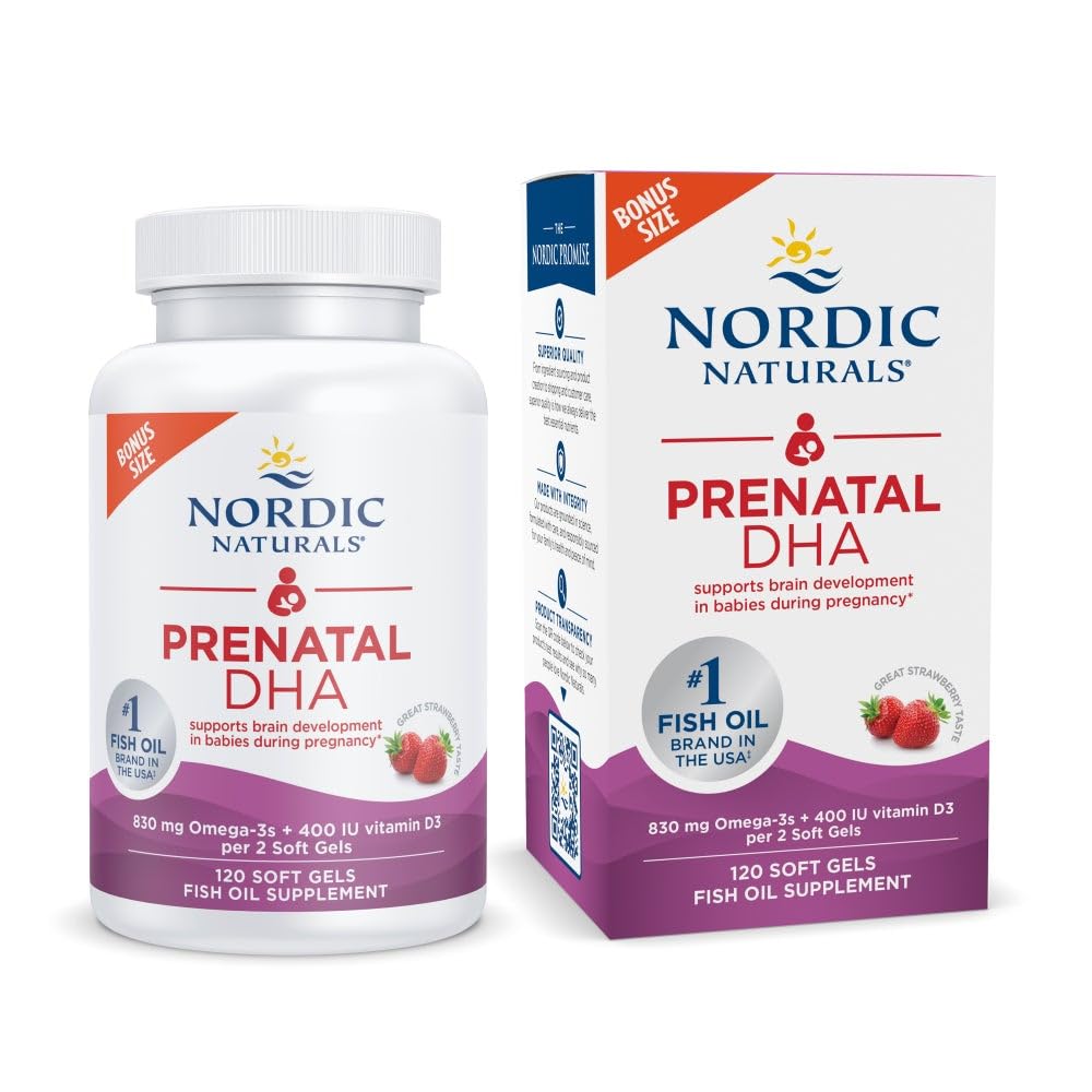 Nordic Naturals Prenatal DHA, Strawberry - 120 Soft Gels - 830 mg Omega-3 + 400 IU Vitamin D3 - Hamilelik ve Lactasyon sırasında bebeklerde Beyin Gelişimi - Non-GMO - 60 Hizmetler