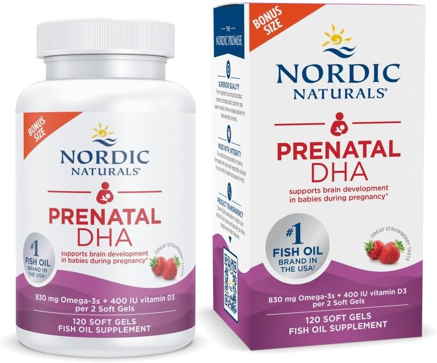 Nordic Naturals Prenatal DHA, Strawberry - 120 Soft Gels - 830 mg Omega-3 + 400 IU Vitamin D3 - Hamilelik ve Lactasyon sırasında bebeklerde Beyin Gelişimi - Non-GMO - 60 Hizmetler