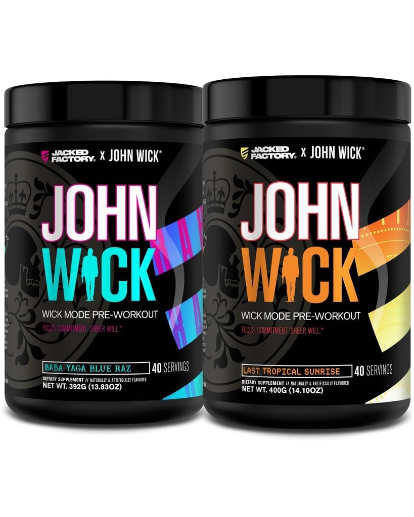 Jacked Factory X John Wick - Wick Mode Pre Workout Powder - Έντονη ενέργεια, έτοιμη για μάχη εστίαση, ασταμάτητη δέσμευση, και Sher Will - Baba Yaga Blue Raz & Last Tropical Sunrise