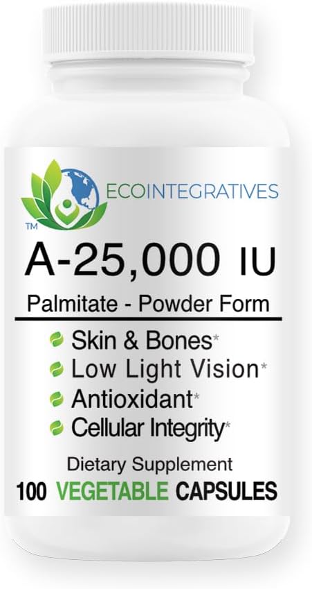 A-25,000 iu Palmitate Vegan, Toz Form (100 Capsules) Non-GMO, Supports Low Light Vision, Immune Support, Cellular Integrity of Skin & Bones, Antioksidans