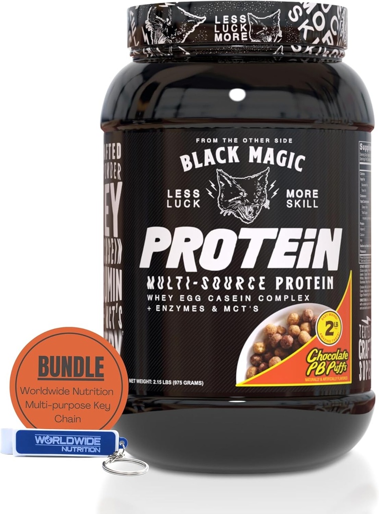 Worldwide Nutrition Bundle: Black Magic Multi-Πηγή Πρωτεΐνες καζεΐνης σκόνης, Egg Albumin Enzymes, Micellar καζεΐνη & MCT-Muscle Mass Κερδίζοντας Bodybuilding-Chocolate PB Puffs 2LB & Keychain